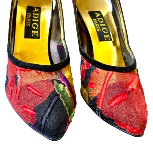 Adige Paris Vintage 80's Pump Heels MESH Fabric Patches Suede Spain sz 8 - Picture 6 of 15